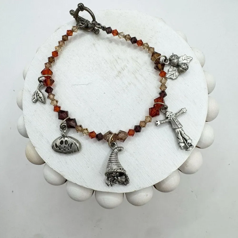 Fall Halloween Autumn Beaded Charm Bracelet Pumpkin Scarecrow Cornucopia
